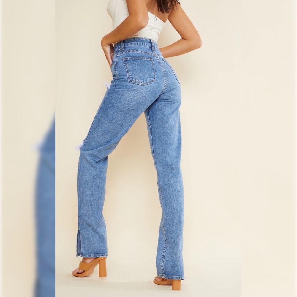 Mid Blue Wash Split Leg Hem Straight Leg Jeans